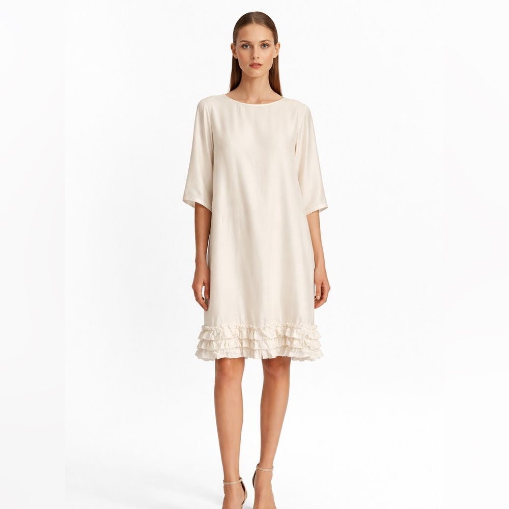 Marimekko Samu-Jussi Koski Ivory Ruffle Hem Shift Dress Size 40 Minimalist Chic
